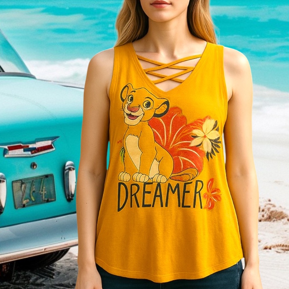 DISNEY TANK TOP Lion King Yellow Dreamer Simba Graphic Crisscross Back JRs SZ XL